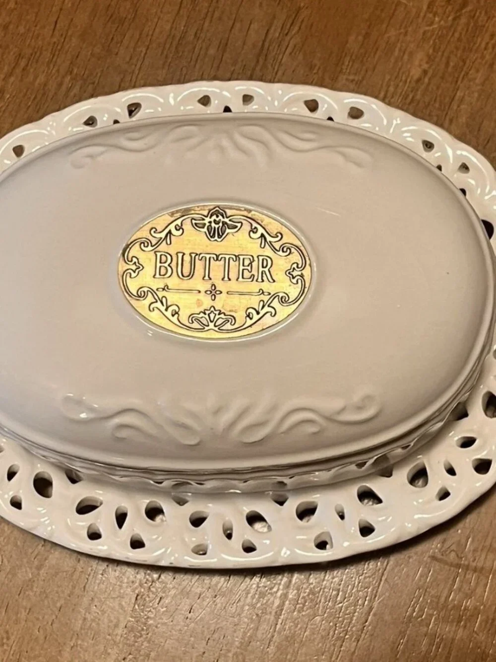 Vintage THL French Cottage Oval Butter Dish with Bronze Badge & Lattice Edging